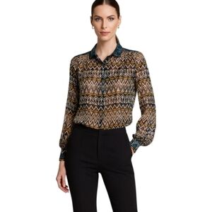 Nicole Richie  Sheer Geometric Blouse – Turquoise Contrast Collar Size M.